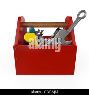 Rote Toolbox mit Werkzeugen. Sckrewdriver, Hammer, Handsäge und Schraubenschlüssel. Unter Bau, Wartung, Fehlerbehebung, Reparatur, Premium-Service. Qualitativ hochwertige Render, isoliert. Stockfoto