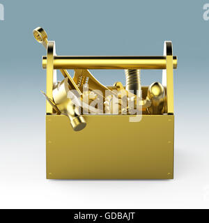 Metall Werkzeugkasten mit Werkzeugen. Schraubenzieher, Hammer, Schraubenschlüssel und Schraubenschlüssel. Unter Bau, Wartung, Fehlerbehebung, Reparatur, Premium-Service. Qualitativ hochwertige Render, isoliert. Stockfoto