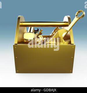 Metall Werkzeugkasten mit Werkzeugen. Schraubenzieher, Hammer, Schraubenschlüssel und Schraubenschlüssel. Unter Bau, Wartung, Fehlerbehebung, Reparatur, Premium-Service. Qualitativ hochwertige Render, isoliert. Stockfoto