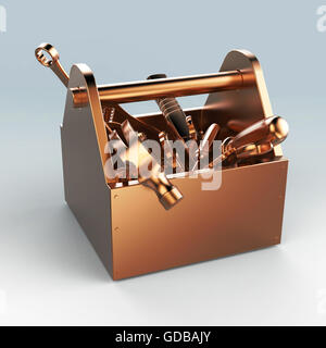 Metall Werkzeugkasten mit Werkzeugen. Schraubenzieher, Hammer, Schraubenschlüssel und Schraubenschlüssel. Unter Bau, Wartung, Fehlerbehebung, Reparatur, Premium-Service. Qualitativ hochwertige Render, isoliert. Stockfoto