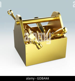 Metall Werkzeugkasten mit Werkzeugen. Schraubenzieher, Hammer, Schraubenschlüssel und Schraubenschlüssel. Unter Bau, Wartung, Fehlerbehebung, Reparatur, Premium-Service. Qualitativ hochwertige Render, isoliert. Stockfoto