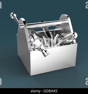 Metall Werkzeugkasten mit Werkzeugen. Schraubenzieher, Hammer, Schraubenschlüssel und Schraubenschlüssel. Unter Bau, Wartung, Fehlerbehebung, Reparatur, Premium-Service. Qualitativ hochwertige Render, isoliert. Stockfoto