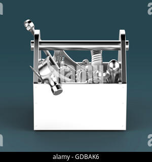 Metall Werkzeugkasten mit Werkzeugen. Schraubenzieher, Hammer, Schraubenschlüssel und Schraubenschlüssel. Unter Bau, Wartung, Fehlerbehebung, Reparatur, Premium-Service. Qualitativ hochwertige Render, isoliert. Stockfoto