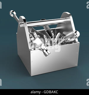 Metall Werkzeugkasten mit Werkzeugen. Schraubenzieher, Hammer, Schraubenschlüssel und Schraubenschlüssel. Unter Bau, Wartung, Fehlerbehebung, Reparatur, Premium-Service. Qualitativ hochwertige Render, isoliert. Stockfoto