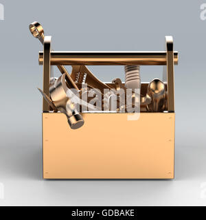 Metall Werkzeugkasten mit Werkzeugen. Schraubenzieher, Hammer, Schraubenschlüssel und Schraubenschlüssel. Unter Bau, Wartung, Fehlerbehebung, Reparatur, Premium-Service. Qualitativ hochwertige Render, isoliert. Stockfoto