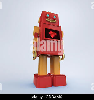 Rote niedliche Vintage-Roboter mit glänzenden Licht Bub und Bildschirm Pixel-Herz-Symbol. Render isoliert Stockfoto