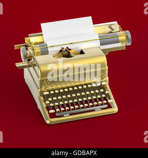 goldenen Vintage Schreibmaschine mit Blatt Papier isometrische Darstellung isoliert auf rotem Grund. Poesie, Literatur, Copywriting, Geschichtenerzählen Metapher. Stockfoto