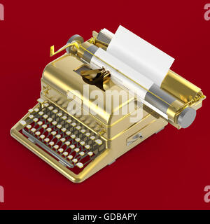 goldenen Vintage Schreibmaschine mit Blatt Papier isometrische Darstellung isoliert auf rotem Grund. Poesie, Literatur, Copywriting, Geschichtenerzählen Metapher. Stockfoto