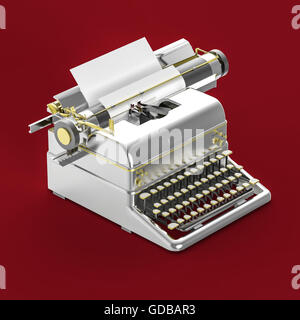 goldenen Vintage Schreibmaschine mit Blatt Papier isometrische Darstellung isoliert auf rotem Grund. Poesie, Literatur, Copywriting, Geschichtenerzählen Metapher. Stockfoto