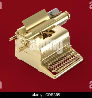 goldenen Vintage Schreibmaschine mit Blatt Papier isometrische Darstellung isoliert auf rotem Grund. Poesie, Literatur, Copywriting, Geschichtenerzählen Metapher. Stockfoto