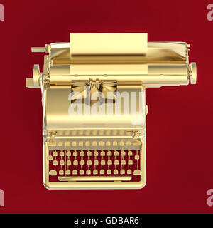 goldenen Vintage Schreibmaschine mit Blatt Papier isometrische Darstellung isoliert auf rotem Grund. Poesie, Literatur, Copywriting, Geschichtenerzählen Metapher. Stockfoto