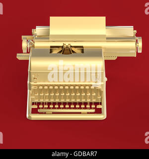 goldenen Vintage Schreibmaschine mit Blatt Papier isometrische Darstellung isoliert auf rotem Grund. Poesie, Literatur, Copywriting, Geschichtenerzählen Metapher. Stockfoto