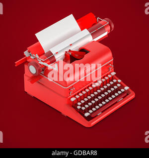 goldenen Vintage Schreibmaschine mit Blatt Papier isometrische Darstellung isoliert auf rotem Grund. Poesie, Literatur, Copywriting, Geschichtenerzählen Metapher. Stockfoto