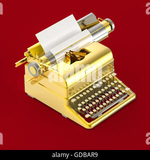 goldenen Vintage Schreibmaschine mit Blatt Papier isometrische Darstellung isoliert auf rotem Grund. Poesie, Literatur, Copywriting, Geschichtenerzählen Metapher. Stockfoto