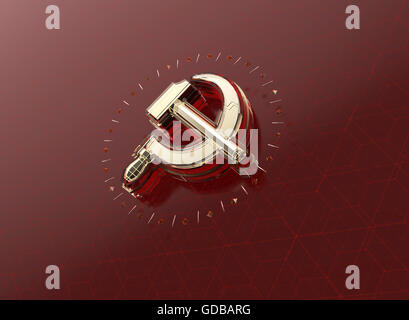 Goldener Hammer und Sichel mit Fracturesglowing Rändern auf High-Tech dunkelroten Hintergrund. Nachrichten-Id-Stil, politischen Vorlage. Render. Stockfoto