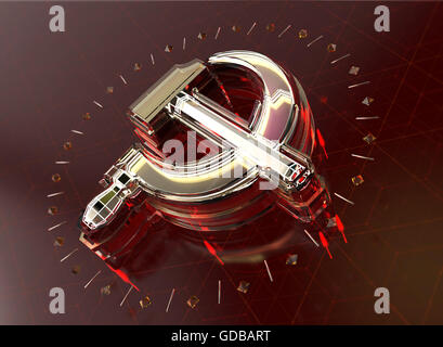 Goldener Hammer und Sichel mit Fracturesglowing Rändern auf High-Tech dunkelroten Hintergrund. Nachrichten-Id-Stil, politischen Vorlage. Render. Stockfoto