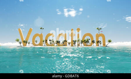 machen Sie Wort Urlaub im tropischen Paradiesinsel mit Palmen ein Sonne-Zelte. Segelboot in den Ozean. Stockfoto