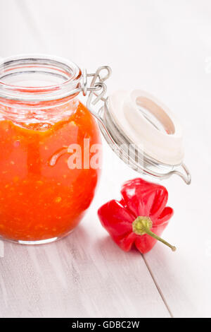 Natürliche DIY-Habanero-Knoblauch-sauce Stockfoto