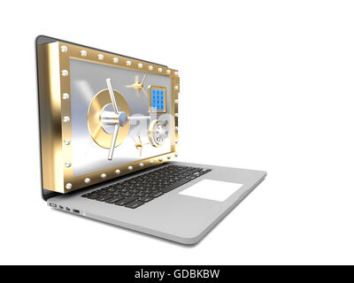 3D-Bild eines Notebook mit Tresortür auf Bildschirm Stockfoto