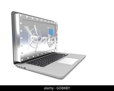 3D-Bild eines Notebook mit Tresortür auf Bildschirm Stockfoto