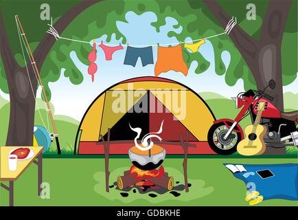 Camping Day Feier mit einem Zelt mitten in der wilden Natur. Digitale Vektor-Bild Stock Vektor