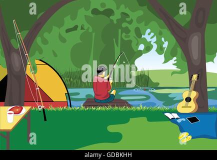 Camping Day Feier, Fluss angeln mit einem Zelt mitten in der wilden Natur. Digitale Vektor-Bild Stock Vektor