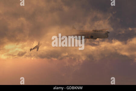 Eine deutsche Messerschmitt Bf 109, einen britischen Avro Lancaster Bomber angreifen. Stockfoto