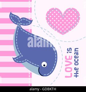 Karte mit niedlichen Cartoon Wal im Patchwork-Stil. Stock Vektor
