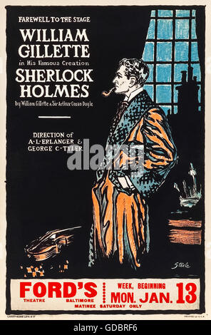 "Sherlock Holmes" Playbill stockwerkartig für ein Theaterstück von angepasst von Sir Arthur Conan Doyle von William Gillette (1853 – 1937), die auch die Hauptrolle spielte; von Fords Grand Opera House, Baltimore während der "Farewell Tour" Januar 1930. Illustration von Frederic Dorr Steele (1873-1944). Siehe Beschreibung für mehr Informationen. Stockfoto