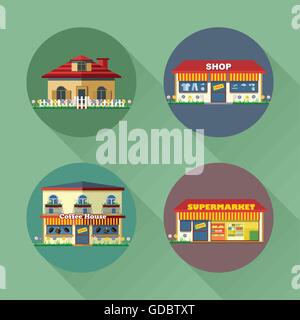Häuser und Gebäude festlegen flachen Stil. Wohnen, kaufen Sie ein, Supermarkt, Kaffee. Digitale Vektor-Bild Stock Vektor