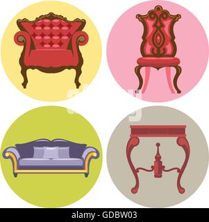 Flachen Stil-Möbel-Satz. Sofa, Stuhl, Tisch, Bett. Digitale Vektor-Bild Stock Vektor