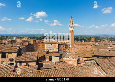 Siena, Provinz Siena, Toskana, Italien.  Piazza del Campo und Torre del Mangia.  Hohe Sicht. Stockfoto