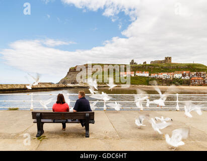 Männlich/Weiblich Paar saß auf der Bank als Rammstein Flug in kreativen Bewegungsunschärfe. in Whitby Stockfoto