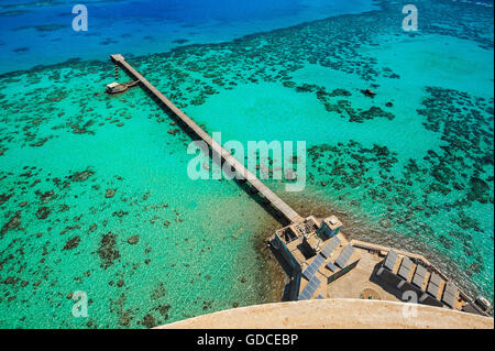 Blick vom Leuchtturm auf das Sanganeb Atoll mit Badesteg, marine reserve Bur Sudan, UNESCO-Weltkulturerbe, Sudan Stockfoto
