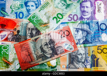 Neue zweite Generation Plastikpolymer New Zealand $50 $10 $20 Kiwi-Dollar-Banknoten und australische Banknoten Stockfoto