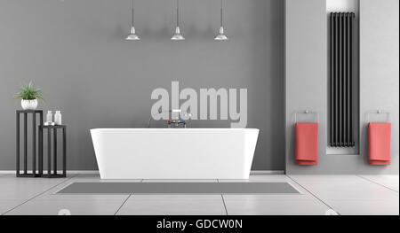 Zeitgenössische graue Bad mit minimalistischen Badewanne und schwarzen Heizkörper in einer Nische - 3d rendering Stockfoto