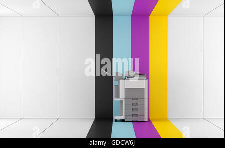 Multifunktions-Drucker in einem Raum mit bunten Panel - 3d rendering Stockfoto