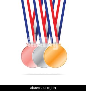 Drei Medaillen auf weißem Hintergrund für sport spiele Vector Illustration. Stock Vektor
