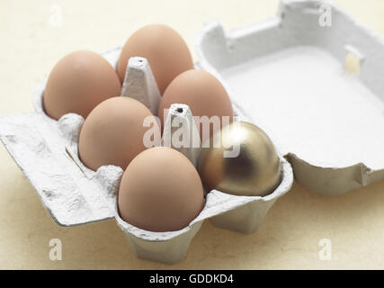 Hühnereier in Eggbox, symbolisches Bild für Gold-Ei mit Henne Stockfoto