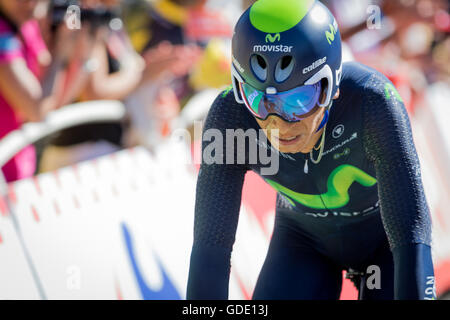 Vallon-Pont-d ' Arc, Frankreich. 15. Juli 2016. Nairo Quintana (Movistar) endet auf dem 20. Platz. Quintana ist derzeit auf dem 4. Platz auf der GC. John Kavouris/Alamy Live-Nachrichten Stockfoto