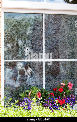 Belfast, UK, Europa. 16. Juli 2016. Zwei Einschusslöcher im doppelt verglaste Fenster nach einer Waffe Angriff auf Haus in West Belfast Credit: Bonzo/Alamy Live News Stockfoto