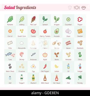 Salat Rezept Zutaten Vektor-Icons set mit text Stock Vektor