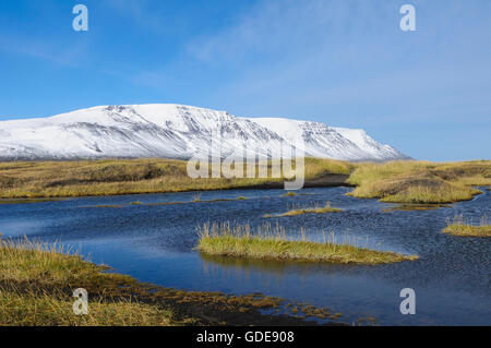 Im Fjord Skagafjördur mit dem Berg Tindastoll in der Nähe der kleinen Stadt Saudarkrokur in Nord-Island. Stockfoto