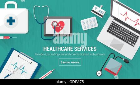 Des Arztes destop mit Medizin und des Gesundheitswesens Werkzeuge, Computer und tablet Stock Vektor