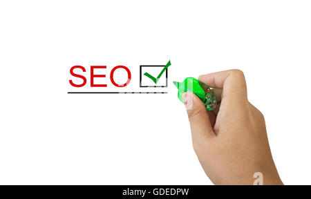 SEO Text in roter Farbe mit isolierten Hand und Marker Pen Schrift auf weißem Hintergrund Stockfoto