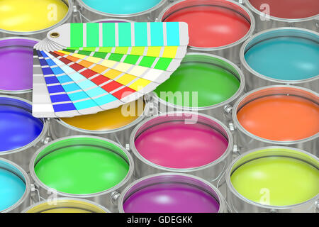 Farbe-Dosen mit Pantone Farbe Palette Guide Hintergrund. 3D-Rendering Stockfoto