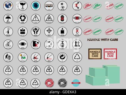 Festlegen der Verpackung Symbole (zerbrechlich, pfleglich zu behandeln, trocken halten, schützen Sie vor Hitze, keine Haken verwenden, nicht stapeln, nicht Rollen, nicht einspannen) Vektor Stock Vektor