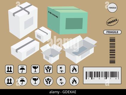 set of packaging symbols (this side up, handle with care, fragile, keep dry, keep away from direct sunlight, flammable, bar code,  recyclable) vector Stock Vektor
