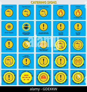 Satz der obligatorischen catering Zeichen (Nahrung, Sicherheit, Warnung, Symbol, Feuer, Aufmerksamkeit, Geschirr) flache Vektor-illustration Stock Vektor