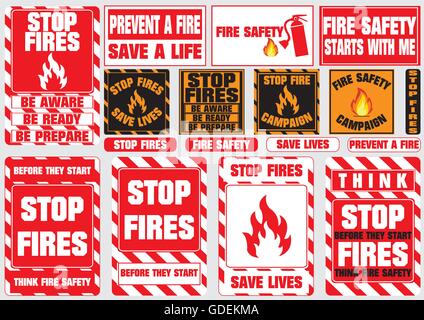 Stop-Feuer-Symbole (beachten Sie, bereit, sein vorbereiten, Leben zu retten, Brandschutz, Feuer, Kampagne zu verhindern) flache Vektor-Illustration Stock Vektor